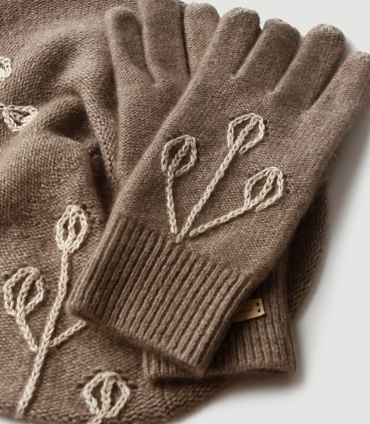 Women Knitted Hat Cashmere Glove With Embroidery Glove Hat Set