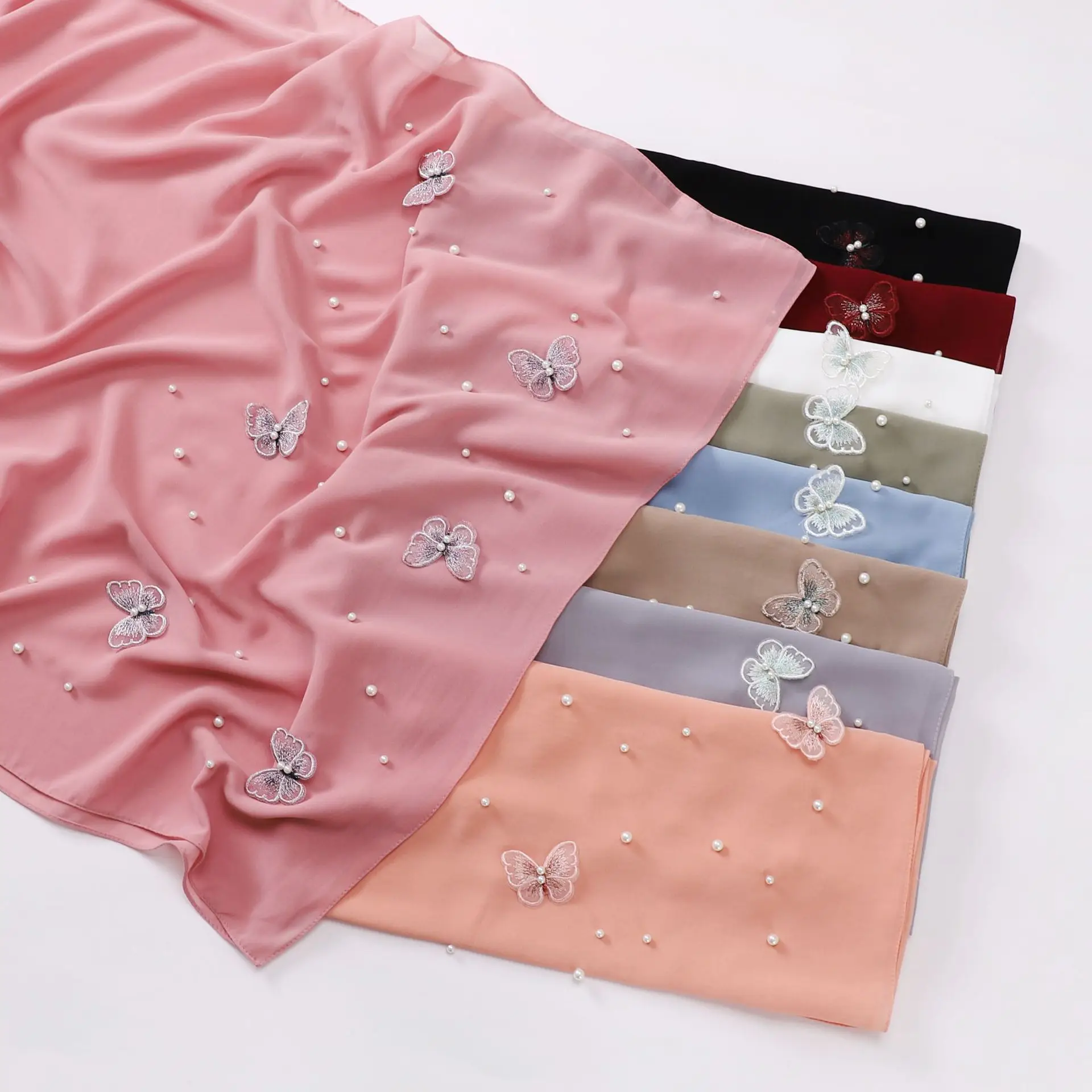 Fashion Muslim Hijabs Shawl Scarf Women Pearl Chiffon Three-dimensional Butterfly Studded Scarf Ethnic Gauze Headscarf