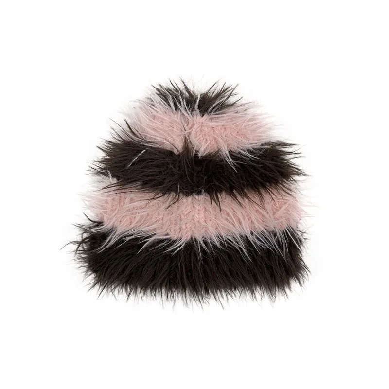 2024 New Winter Hats For Women Mink Hair Thick Striped Hat Warm In Winter