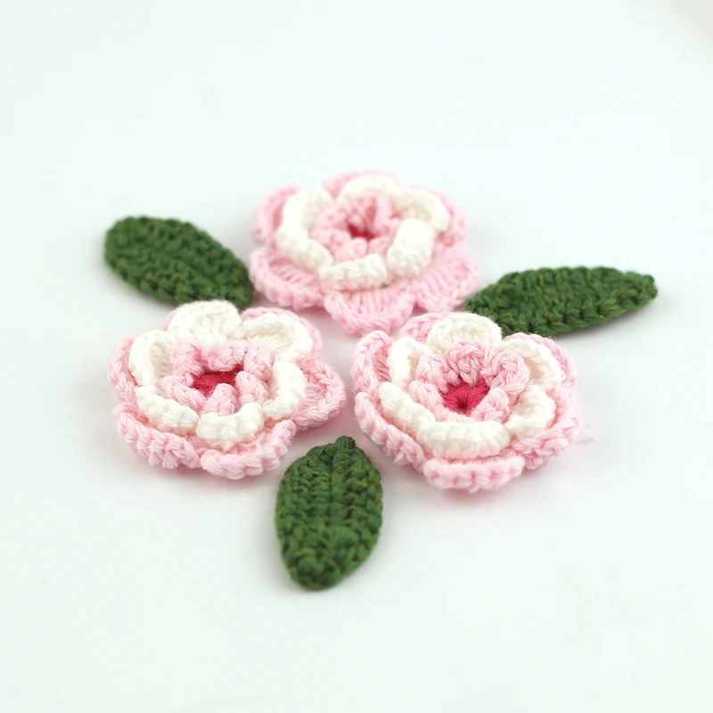 Ручная работа, вязаный крючком цветок с зелеными листьями, 3D хлопковый цветочный мотив, сделай сам, одежда, повязка для волос, сумка, аксессуары