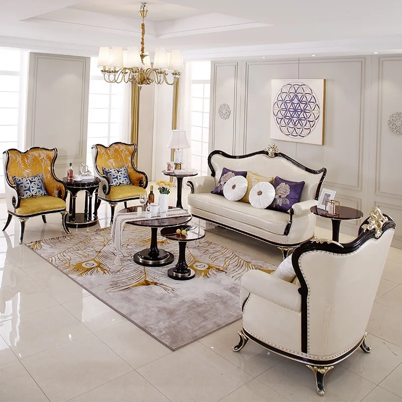 2020 Luxury French Baroque Living Room Set/Royal Palace Antique 3 Seater Classic European Style Leather Sofa