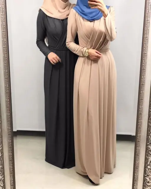 New abaya dress V-neck lace folds mopping floor long skirt Muslim robe