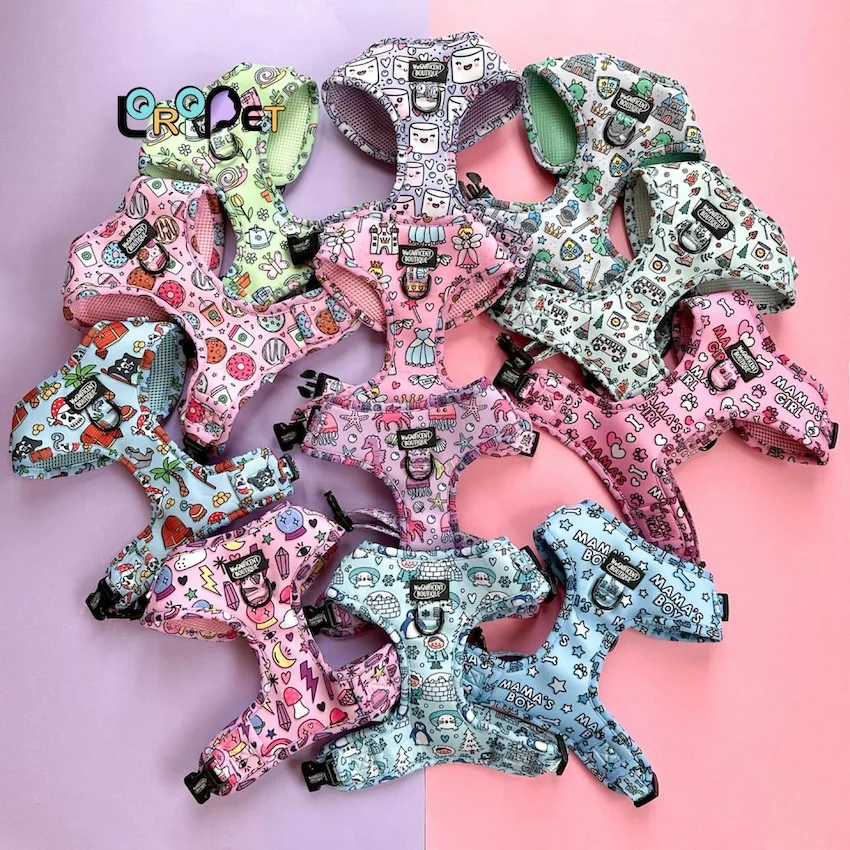 2024 Padded Dog Harness Set Custom Logo Sublimation Print No Pull Pet Supplies Luxury Pink Soft Dog Harness Leash And Collar Set