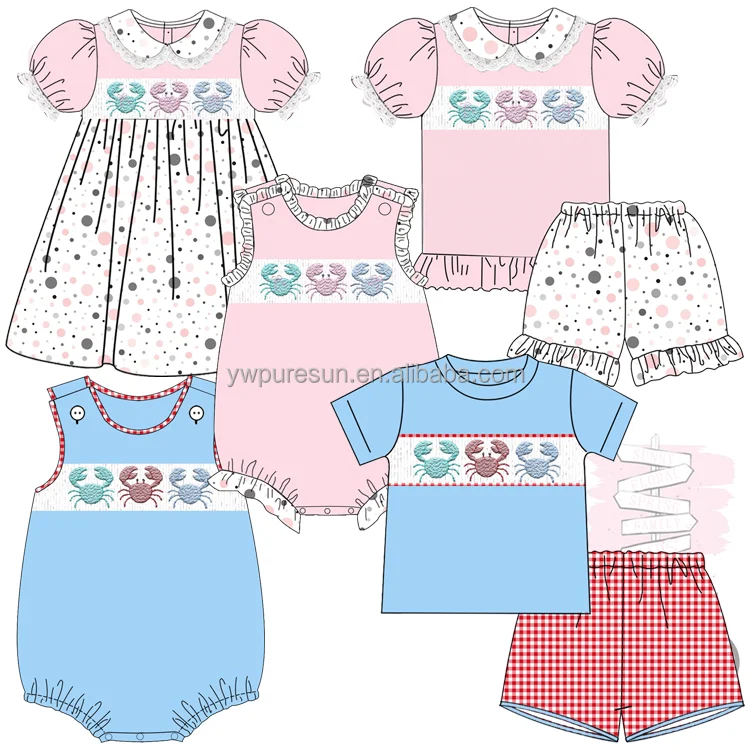 Hot sale boutique design beach clothing crab smocked French Knot siblings set children wear wholesale baby clothes