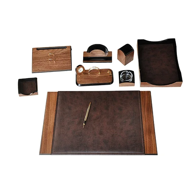 Charisma 9 Pieces Wooden & Leather Desk Organizer Set