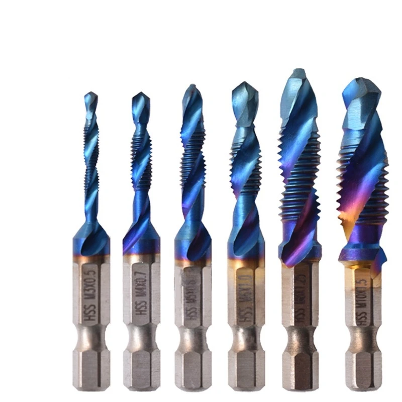 6Pcs short HSS 4241 blue metric Hex M3-M10 Composite/combination screw thread tap taper Drill Bit set tool