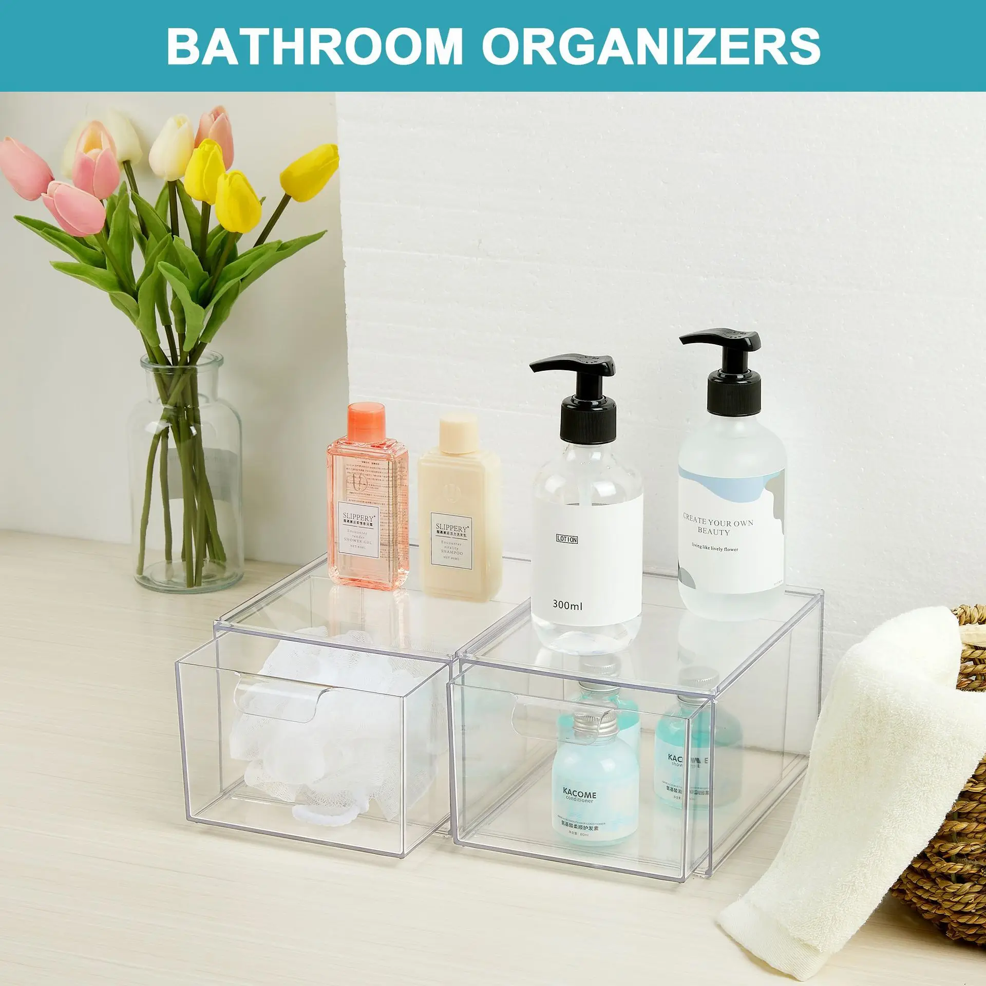 Plastic Stackable Bathroom Storage with Pull Out Bin Organizer Drawer for Cabinet or Closet Organization
