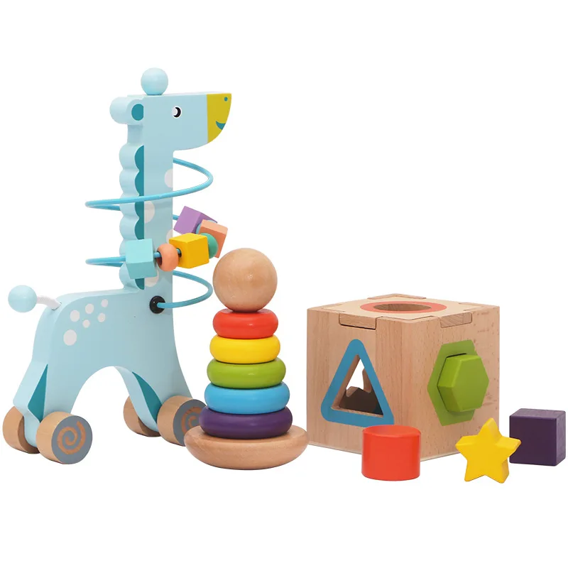 Children Wooden Educational Blocks Montessori Toys 3pcs Set Around Beads Giraffe Shape Matching Box Rainbow Tower Toy For Kids