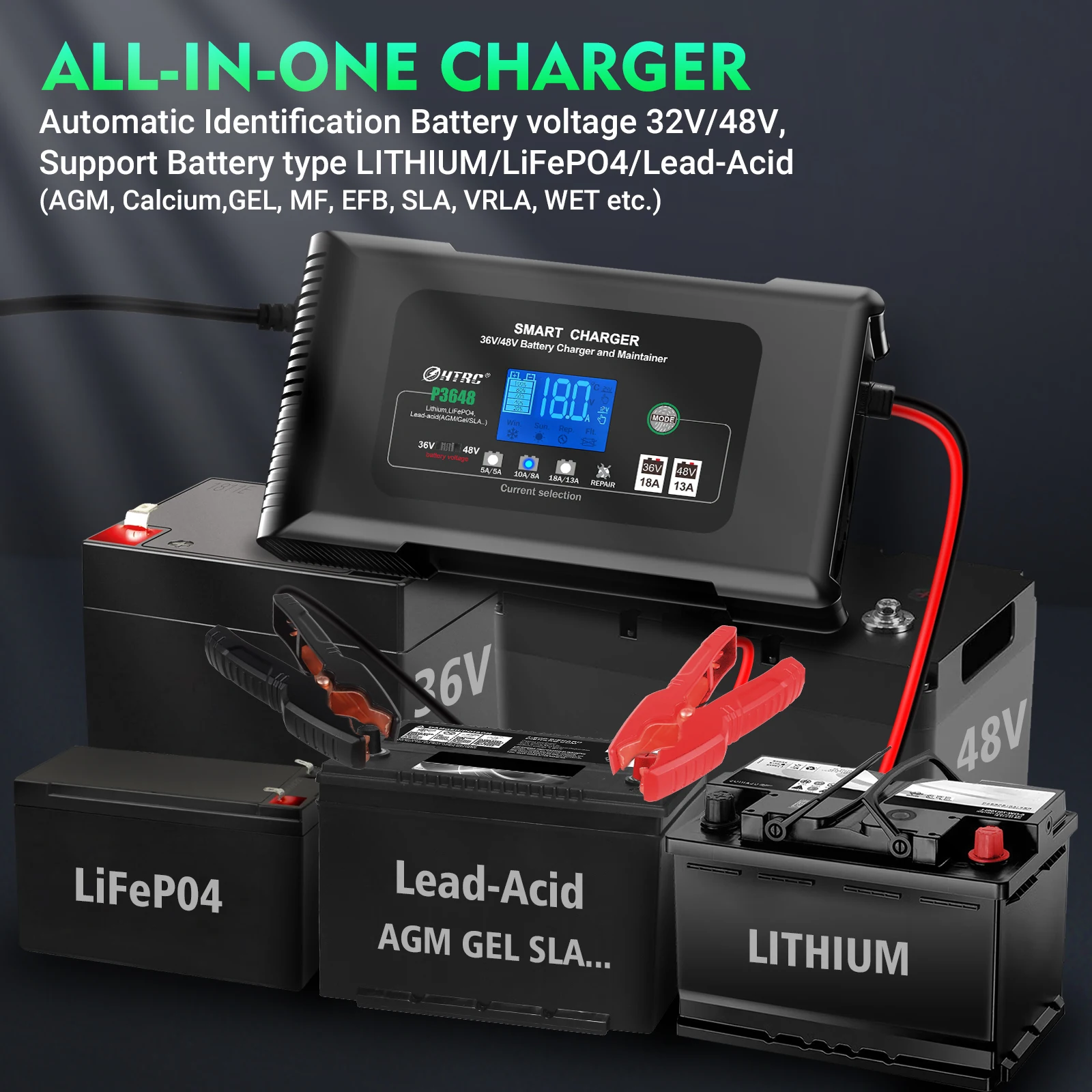 HTRC  48V/13A 36V/18A Smart Charger 36Volt Golf cart Charger for PB LiFePO4 Lead-Acid Battery Automatic Motorcycle Charger