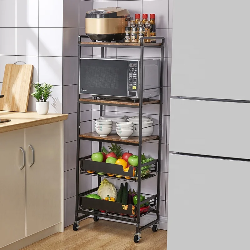 3-5 Tiers Rolling Stackable Mesh Wire Basket Storage Rack Multi-layer Utility Cart Basket Organizers Shelf with Wheels for Kitch