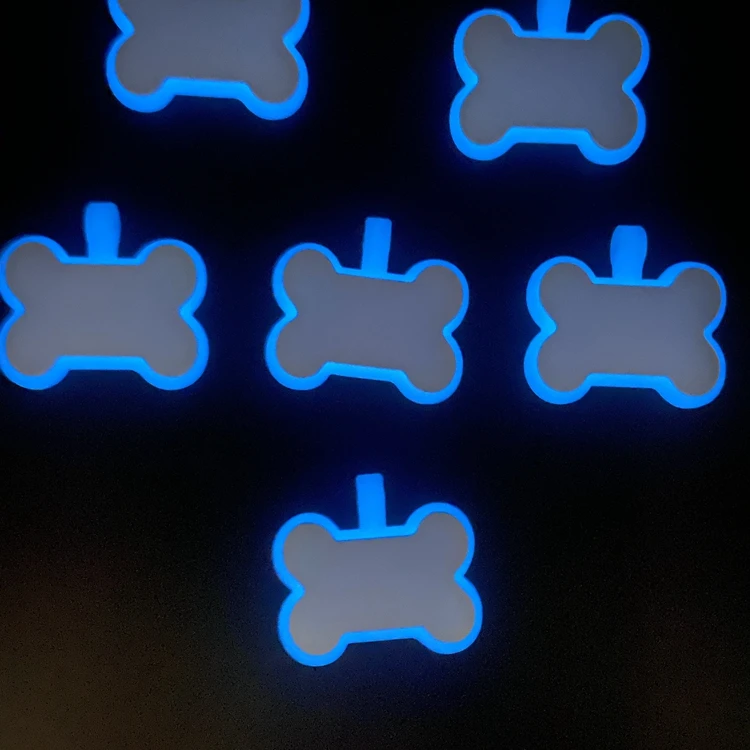 custom logo free sample glow in the dark fluorescent blue bone shape silicone pet tag for double-sided printed engraved