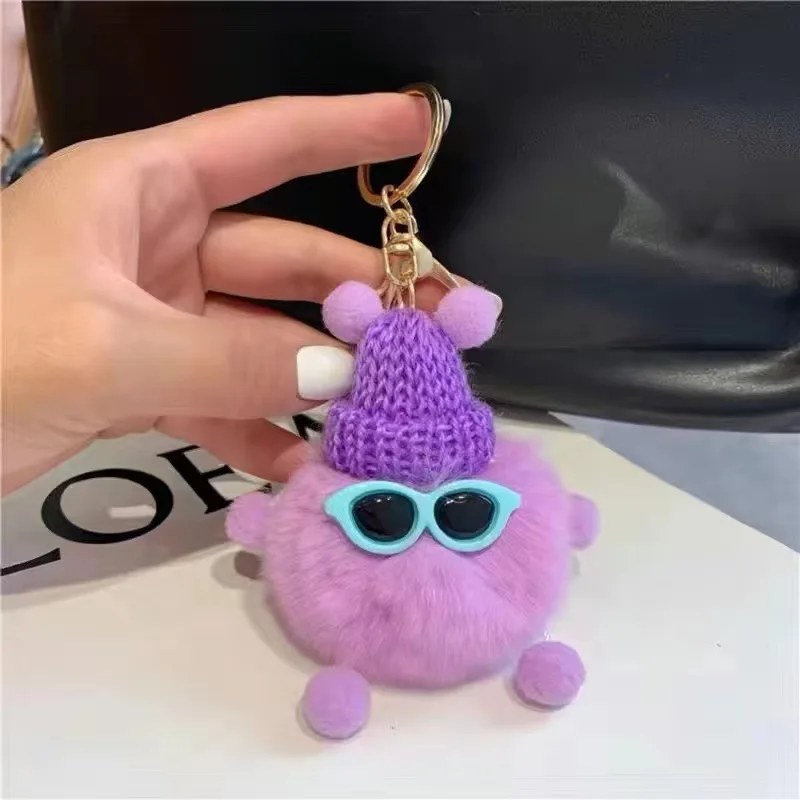 Wholesale New Cute Briquettes Plush Doll Keyring Pompom Keychains Rabbit Fluffy Fur Ball Key Chains For Women Girl Bags