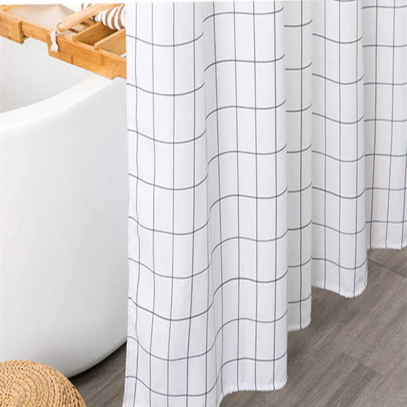 Amazon Basics Shower Curtain with Hooks 72 x 72 Inch White with black check bathroom curtains set