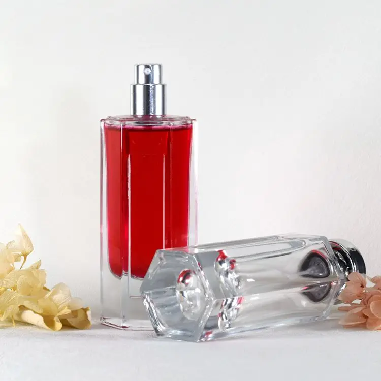 Custom Logo Glass Perfume Bottle Hexagon Clear 50ml Perfume Spray Bottles With Pump