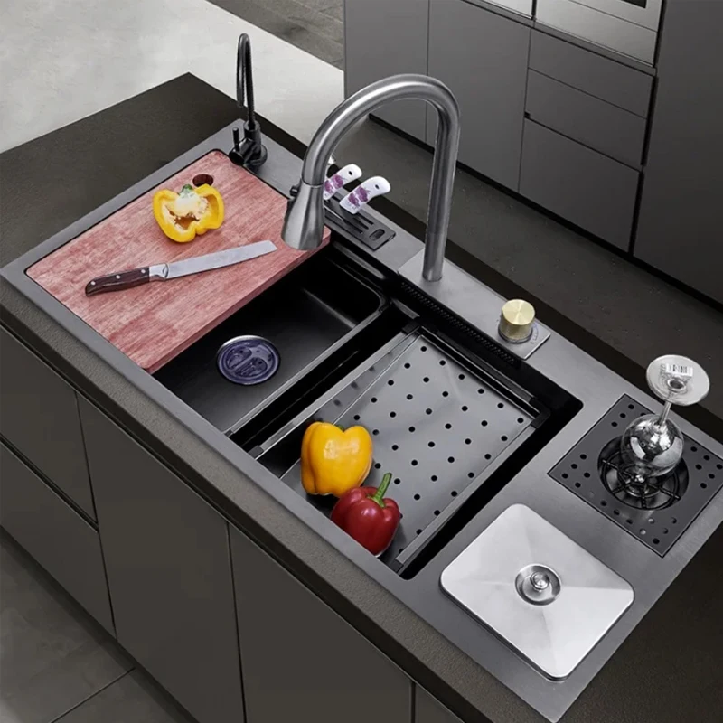 Черный Friday большой размер современный пистолет серая кухонная раковина 304 из нержавеющей стали с мусорным ведром