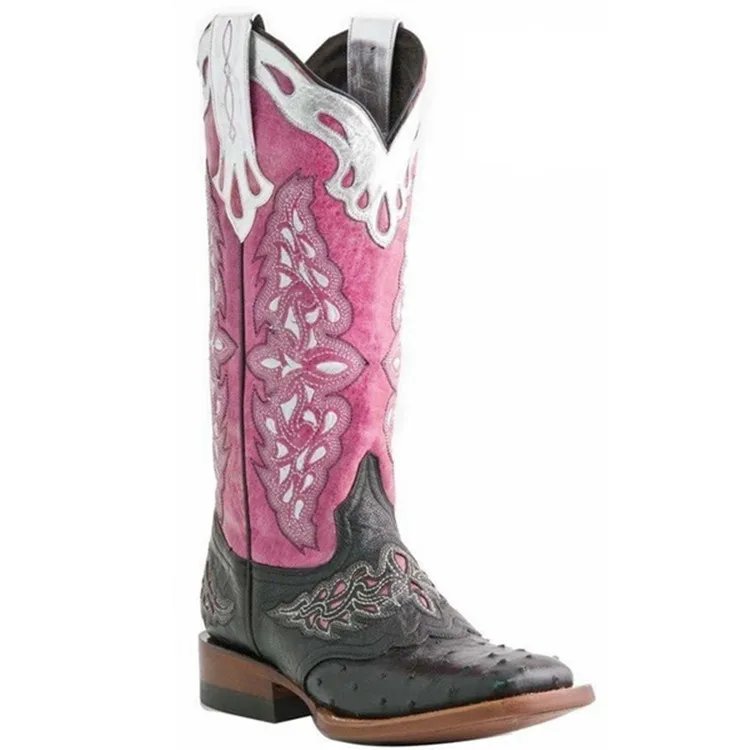 
2021 Women Fashion Cowboy Boots Casual Embroidery PU Leather Vintage Knee High Flat Boots Cowgirl Boots 