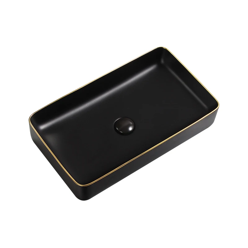 2022 new arrival European matte black ceramic basins porcelain vanity sink lavandino bagno with gold line for hotel