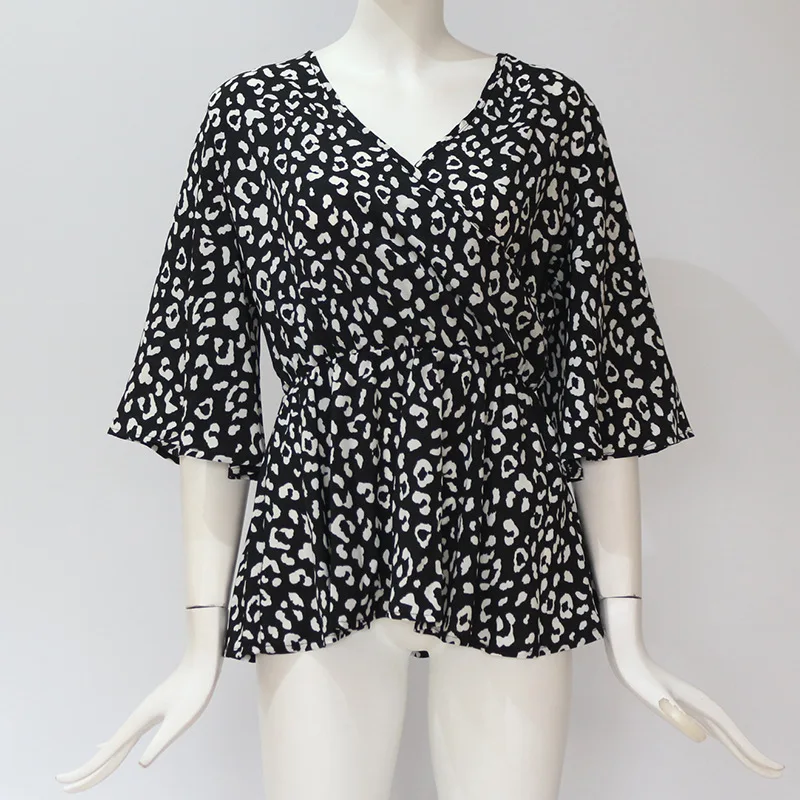 
TP830007 New Spring Summer Plus Size Leopard Chiffon Top Loose Casual Deep V Designer Flare Sleeve Tops Woman Sexy Ladies Shirts 