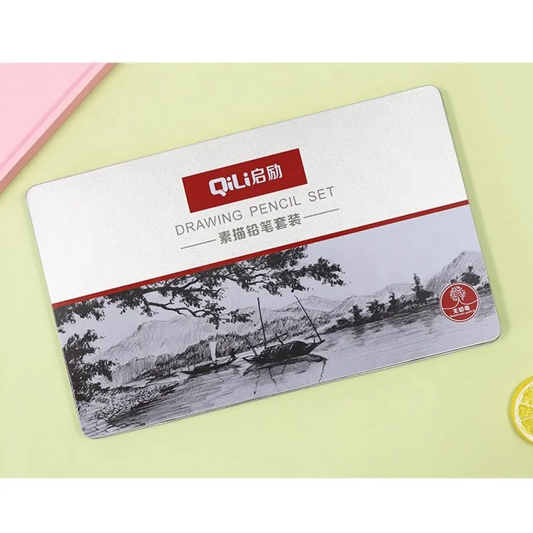 Professional Drawing Stationery Wood Material Sketching Pencil Set Black Tin Box Office & School Wooden Pencil