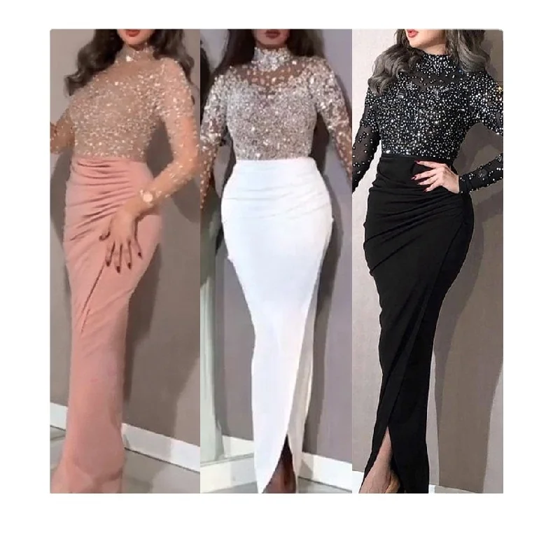 Женские туфли с сеткой в стиле пэчворк с завышенной талией с длинным рукавом вечернее платье с блёстками