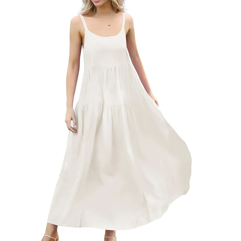 fashion white plus size Casual Loose elegant casual Dresses chiffon dress woman Spaghetti Strap Long Summer Beach Swing Dress