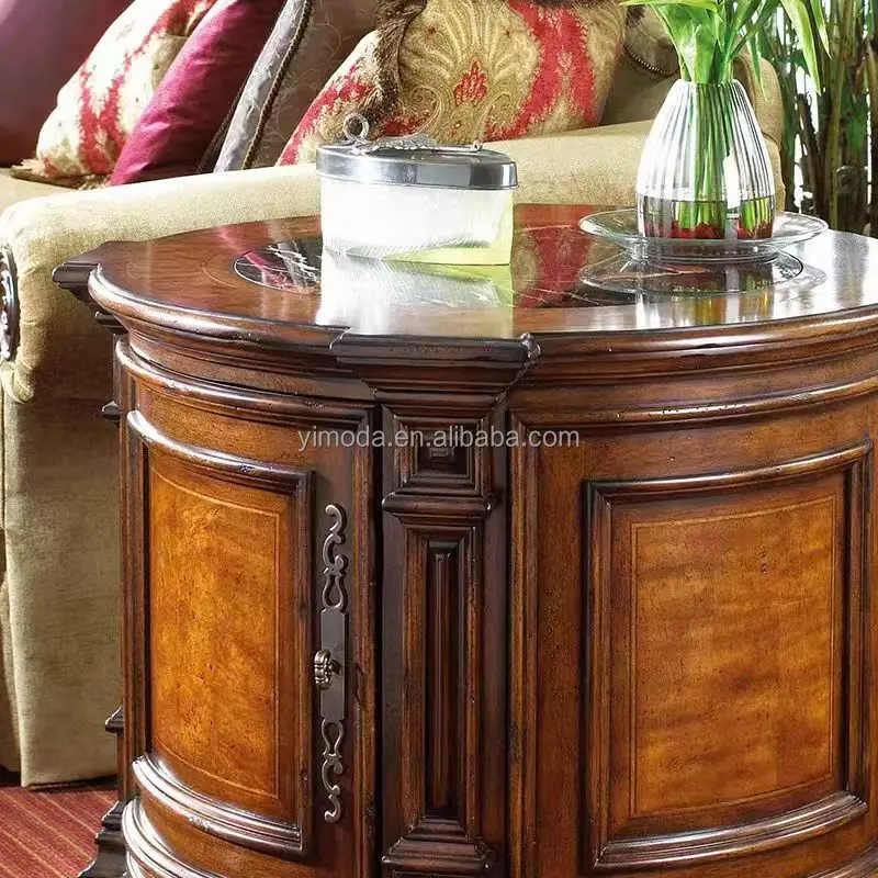 Antique classical Living Room brown wooden carved Small round Wood side end table