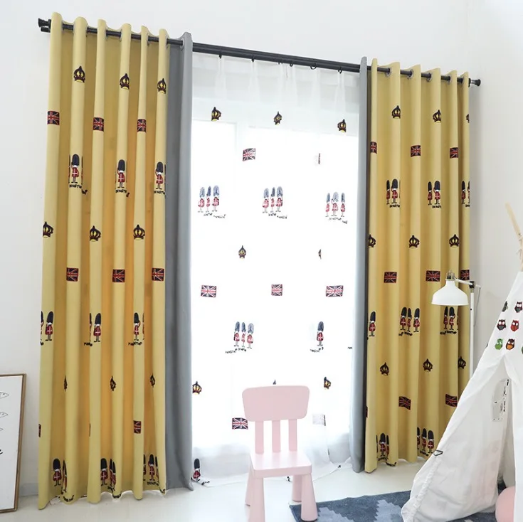 British soldiers cartoon design embroidered blackout window curtain with sheer cortinas for the kids room children room