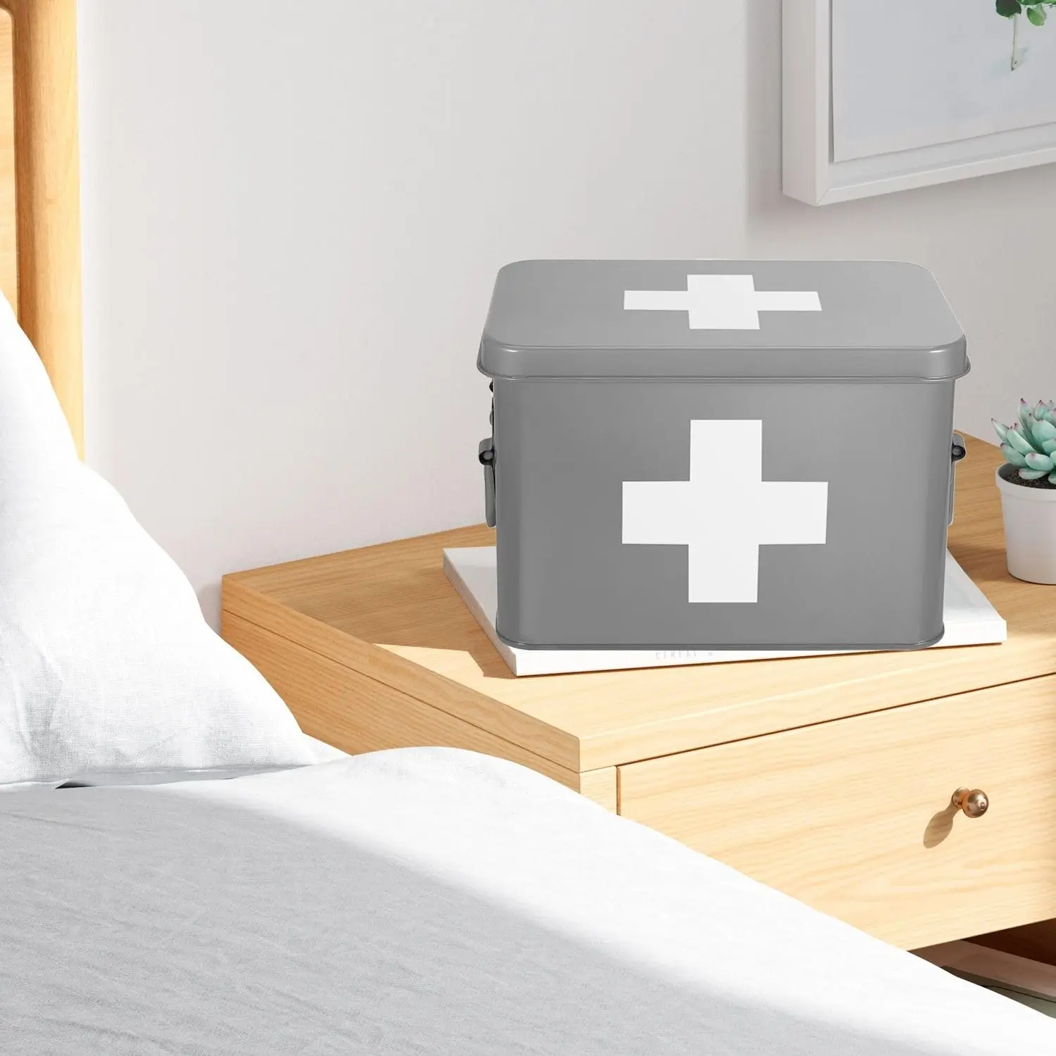 Metal Grey Medicine Box Tin Custom Storage Box First Aid Metal Box For Home