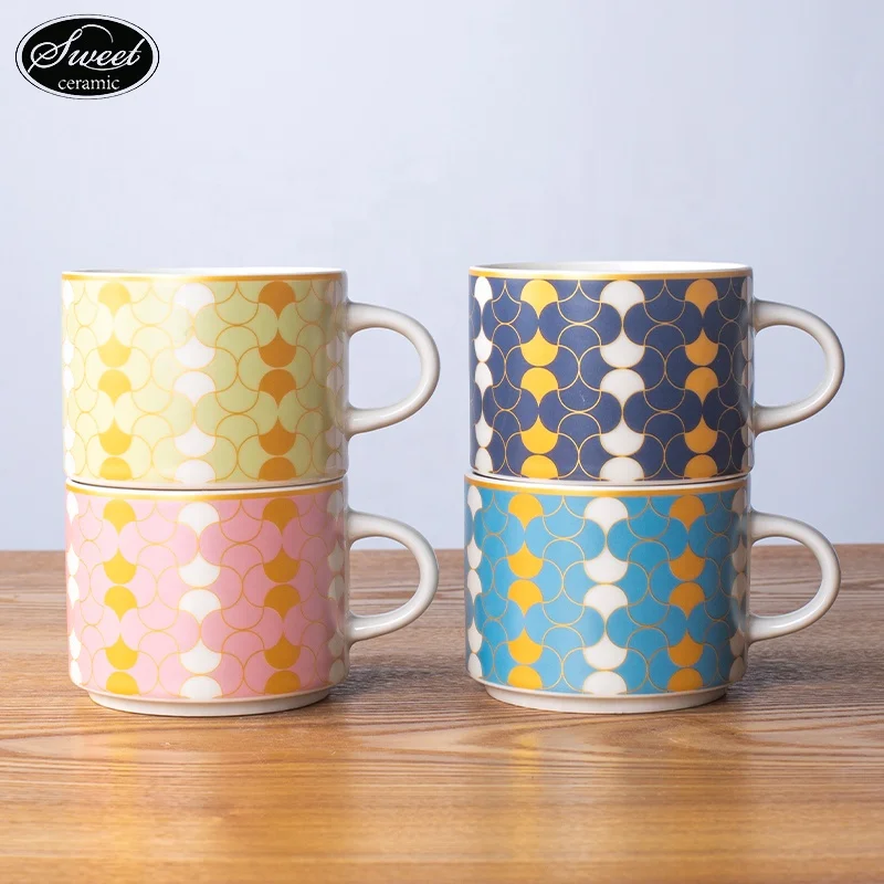 Custom Ceramic 11oz  stackable mug  with golden electroplating handle Coffee mug breakfast cup