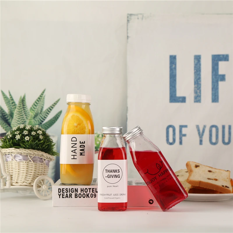 
Disposable PET Plastic Juice Beverage Bottle Square Portable To Go With Transparent Tape Cover To Seal Empty Beverage Bottles 