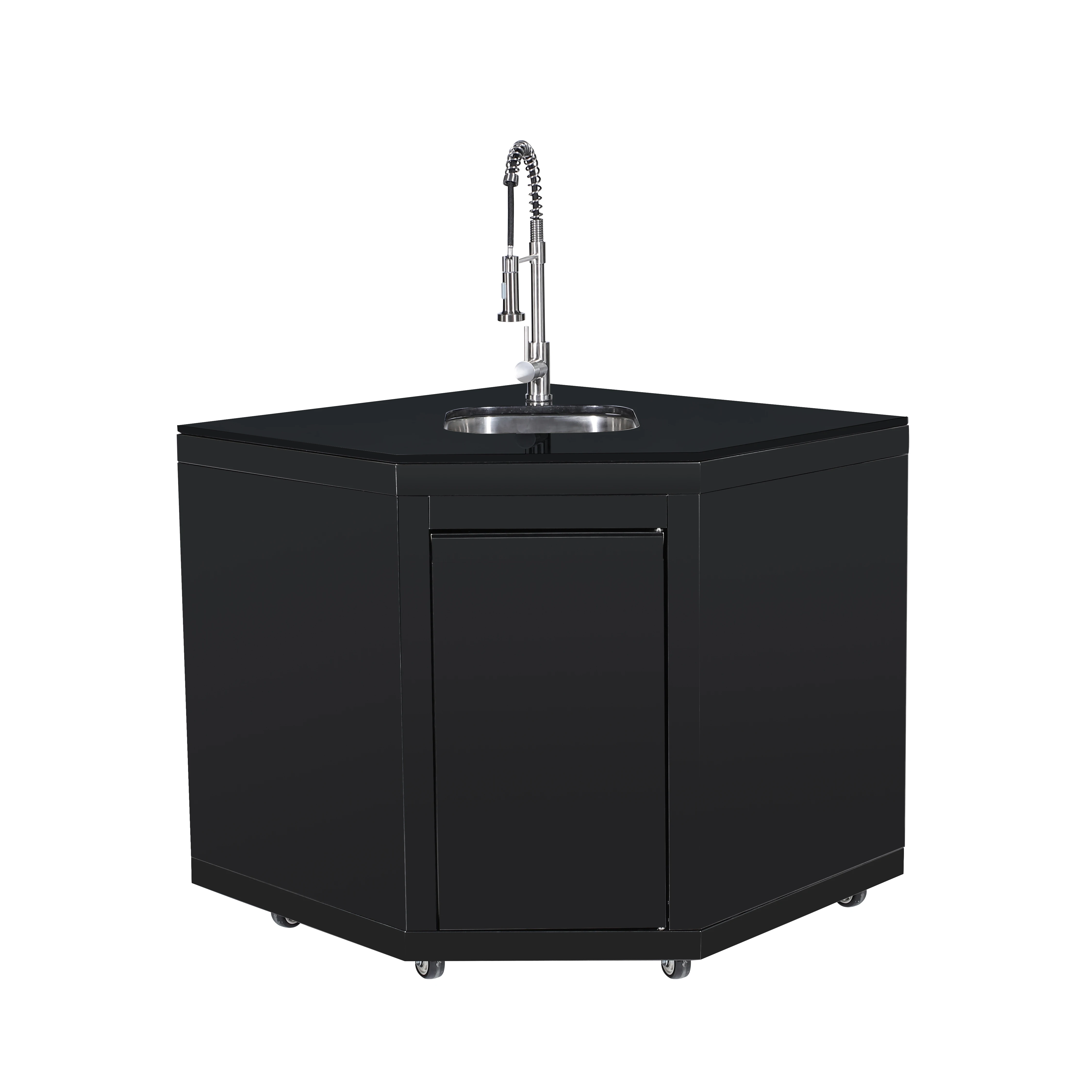 Outdoor Black Kitchen and Counter Top With Refrigerator and Sink