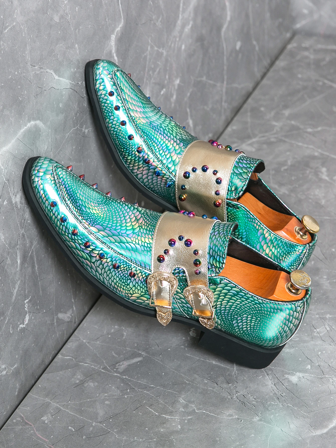 Golden Fancy Formal Loafer Colorful Rivet Upper Double Monk Strap Slip On Men Luxury Dress Shoes