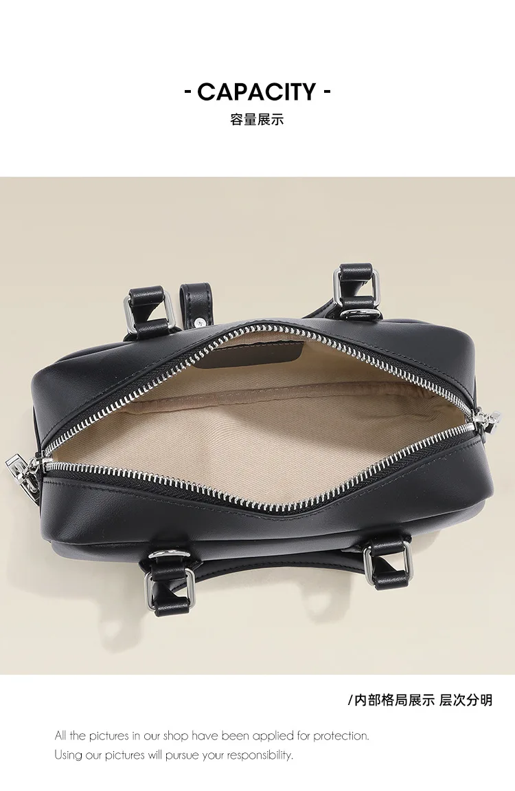 2024 New Niche Black Genuine Leather Tote Handbag for Women Small Portable with Cotton Lining and Two Handles Lady Style