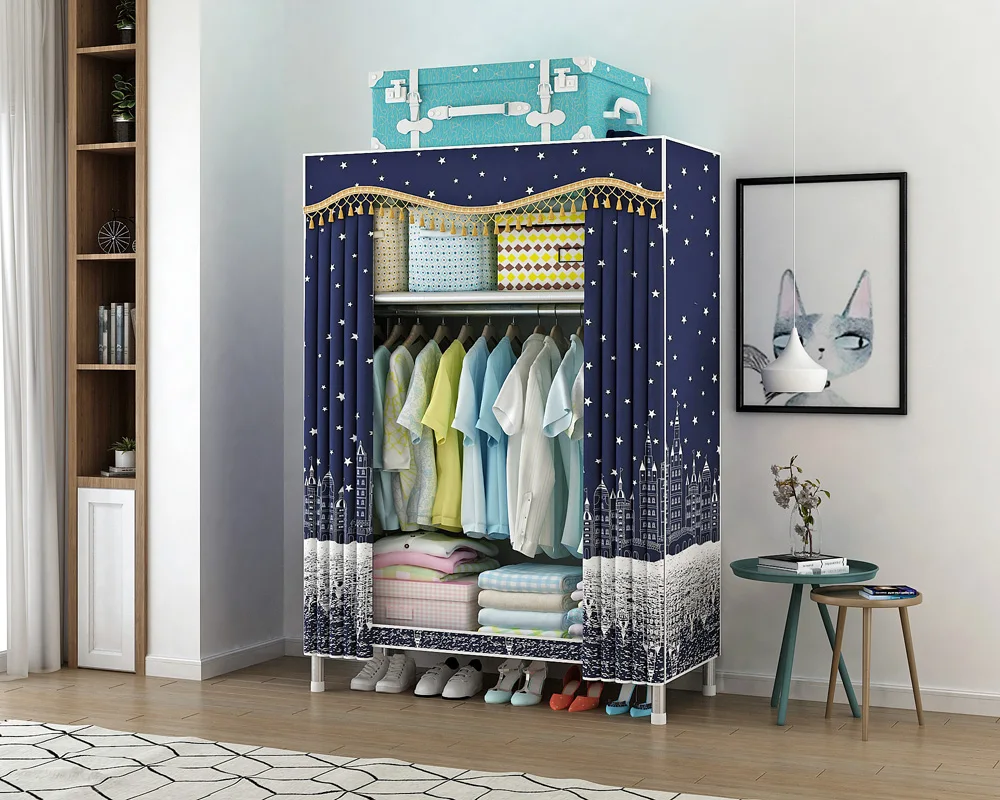 
68cm Polyester Fabric Cloth Cover Wardrobe Closet Non-woven Steel Shelf 19mm Tube Portable For Kids 