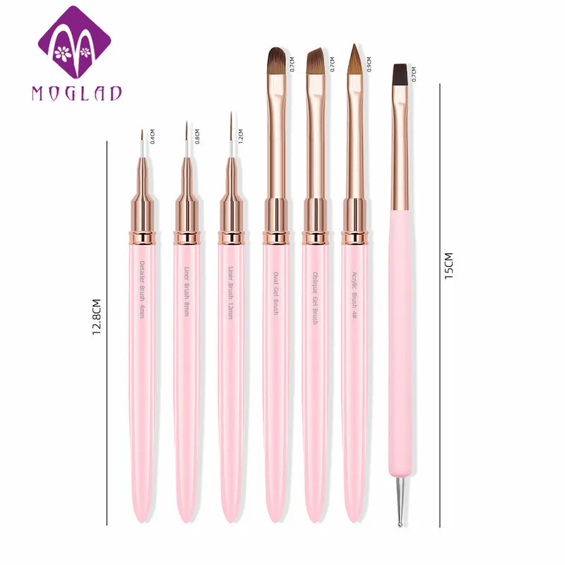 Professional nail brush set 7pcs metal pink handle nylon hair nail brush for Nail Art Painting Brush set