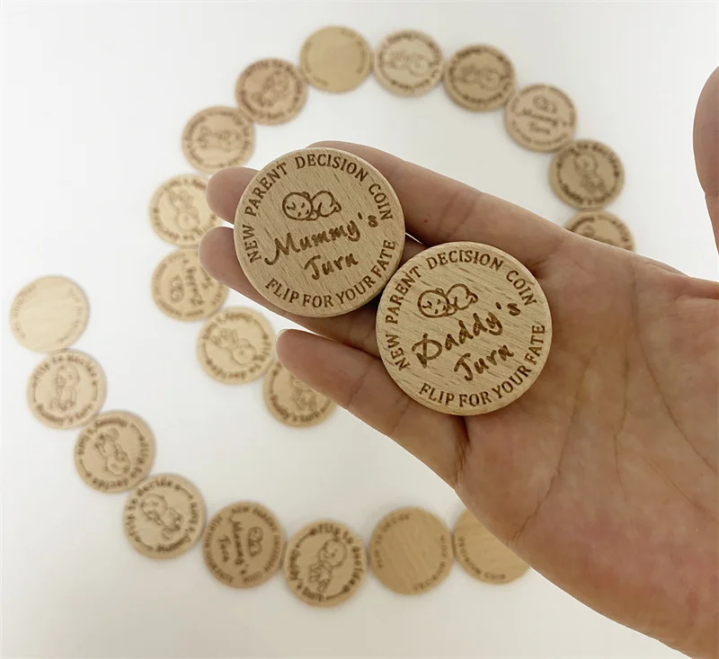 2 Pcs Funny Pregnancy First Time Moms Baby Decision Challenge Coin Set wood new parent decision coin flips wood coin flips