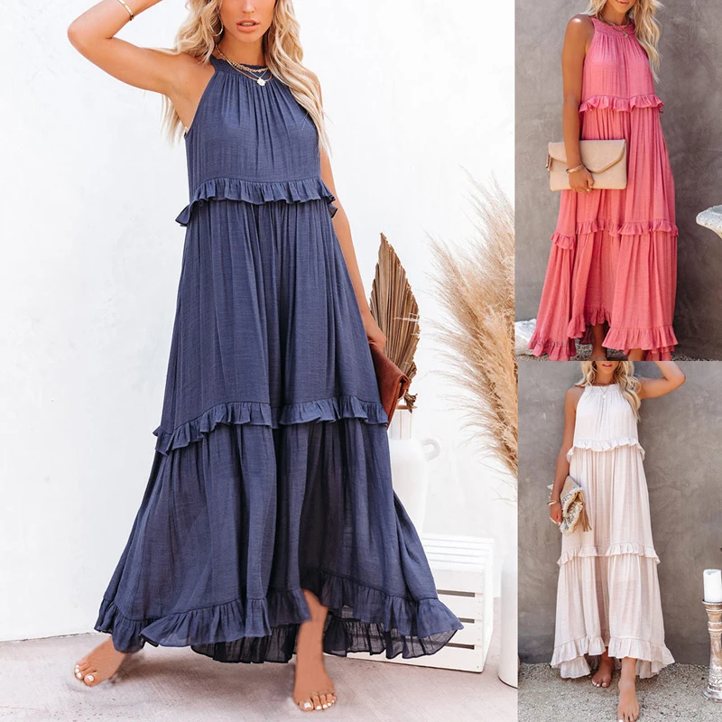 Women Sleeveless Beach Dress Summer Halter Layered Ruffles Casual Boho Flowy Maxi Dress