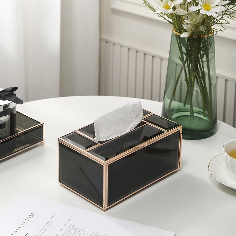 Vanity Rectangle Black Glass Tissue Box Large Capacity Apply to Bathroom Bedroom Side Door Design