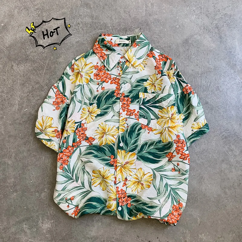 Vacation Style Hawaiian Beach Shirts Short Sleeve Loose Plus Size Vintage Poplin Shirt For Men