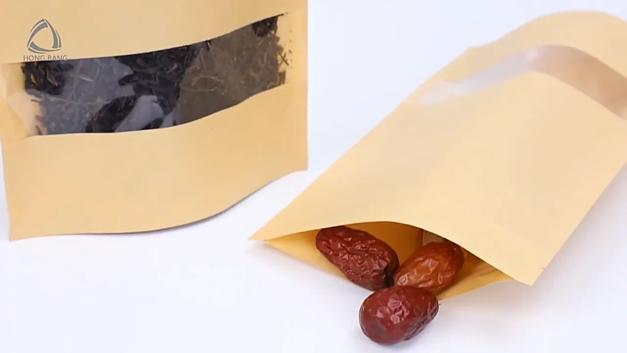 wholesale food packaging doypack stand up pouch plain brown kraft paper bag with clear window and zip lock for tea snack