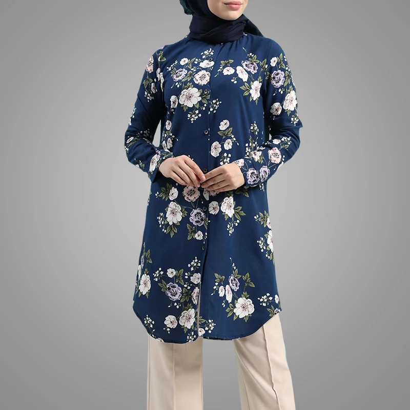 Elegant Printed Long Sleeve Muslim Women Blouse Hotsale Plus Size Front Button Islamic Clothing Middle East Arab Clothes Online