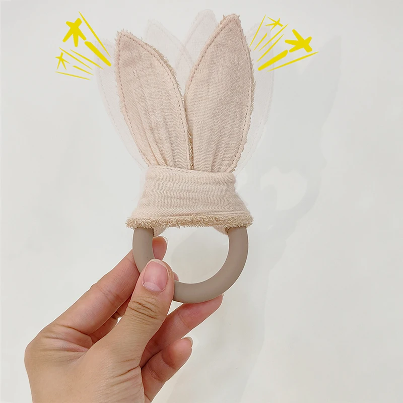 Newborn Cotton Bunny Ear silicone Ring Teething Toys Baby Teether Ring With Fabric Training Sensory Aid