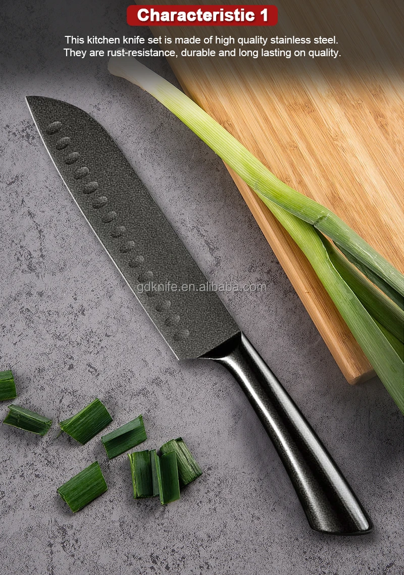 Super sharp 5pcs Hollow Handle black coating Kitchen Knife set Stainless Steel chef Knives Set