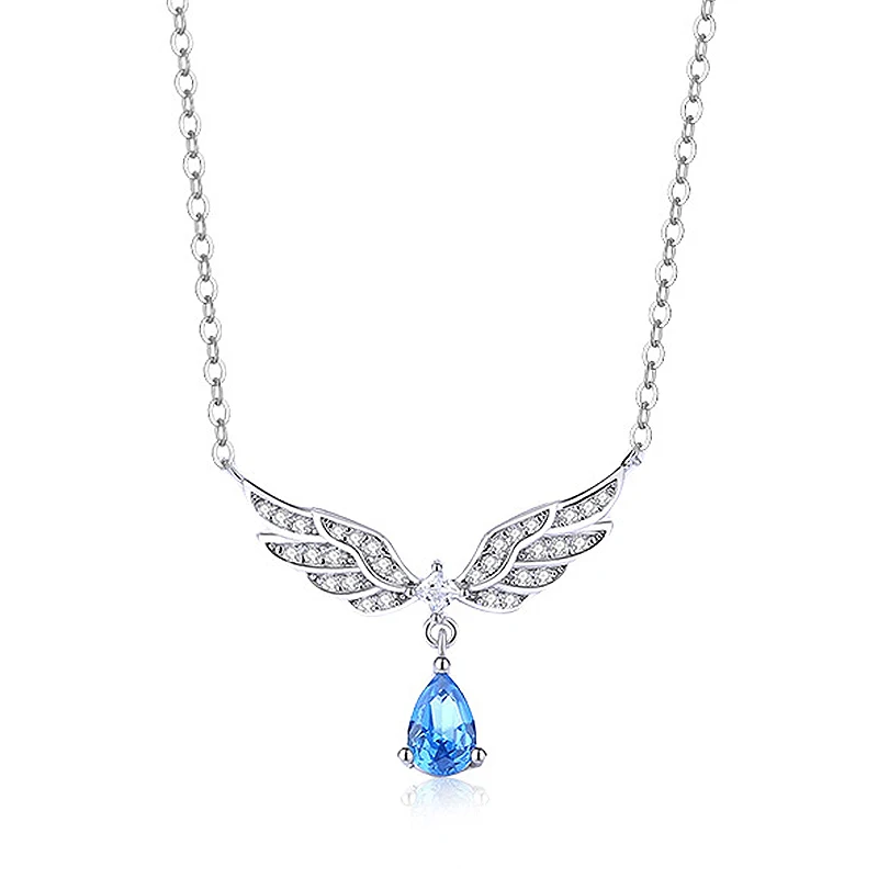 Fashion Jewelry 925 Sterling Silver Zircon Cz Water Drop Shaped Angel Wing Pendant Necklace for Women