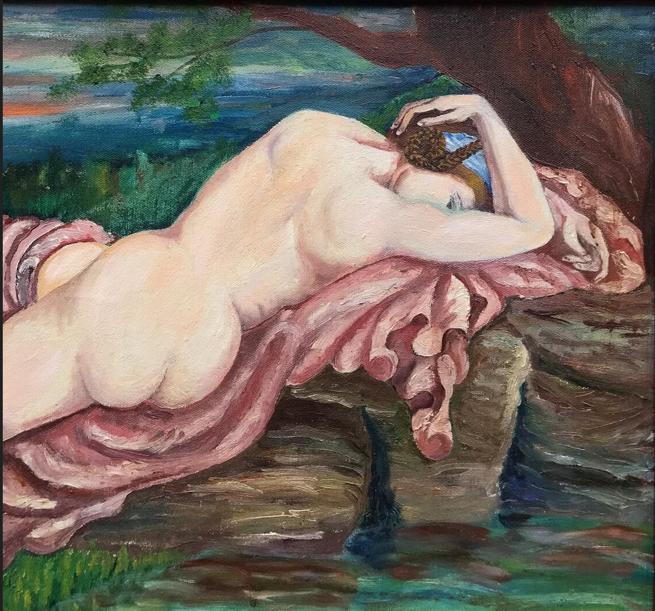 Vintage Handmade Original Nude Naive Evening Fat Woman Girl Erotic Landscape Trees Oil Painting for Home Hotel Wall Art Decor