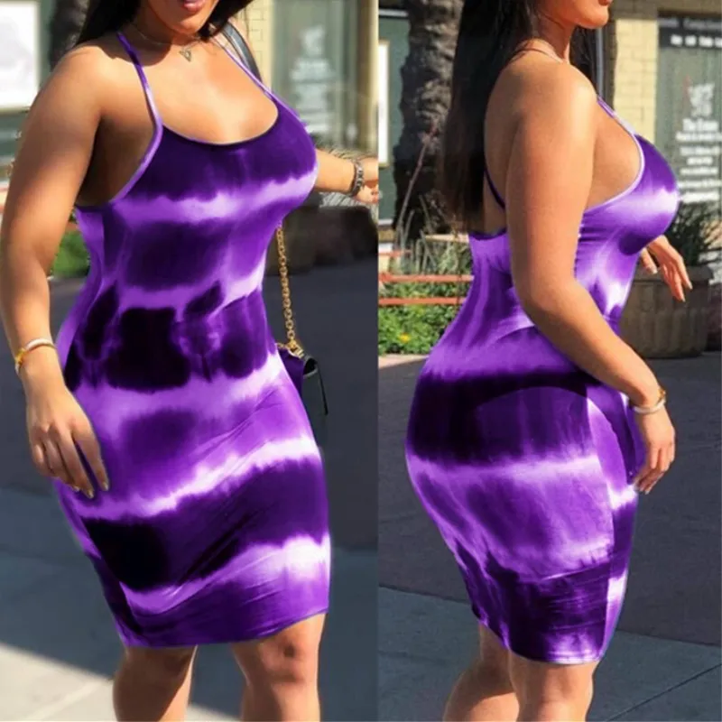 Spot Summer Plus Size Women Clothing Ladies Evening Club Party Slim Midi Dress Tie-Dye Round Neck Suspender Casual Dresses
