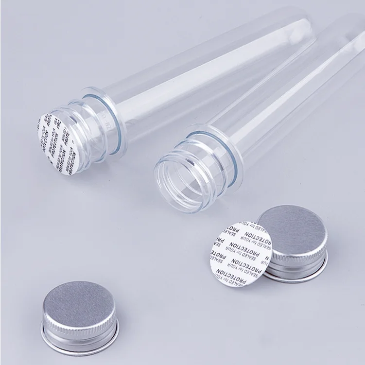 High quality food grade laboratory 40ml clear PET plastic test tube with screw aluminum silver lid