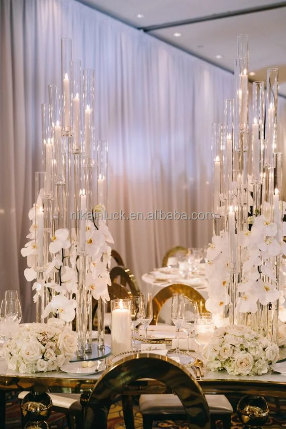 Wholesale 8 Arms Long Stemmed Glass Tube Vase Crystal Candle Holders Wedding Table Centerpieces Candelabra