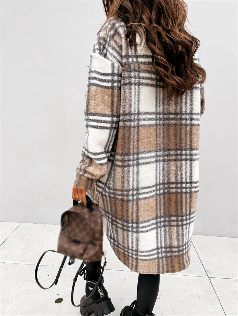Autumn winter coats for women 2021 lapel pocket long plaid shirt jacket coat woolen fleece plaid long coats brown for women