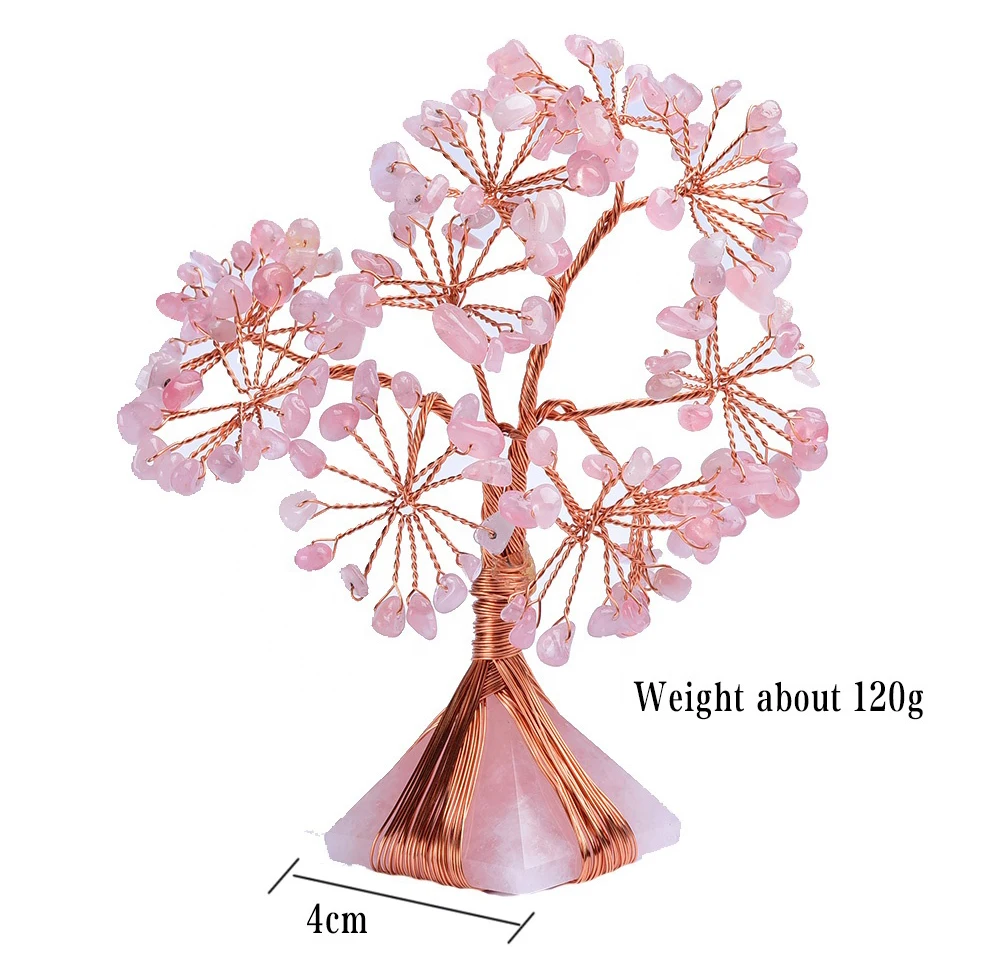 Rose Quartz Natural Crystal Healing Stones Fortune Lucky Money Tree Decorative Wire Crystal Tree